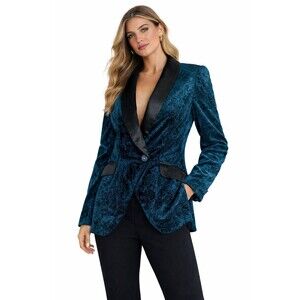 Iijin Velvet Paisley Tuxedo Blazer Teal Black S Luxe Statement Formal Glam